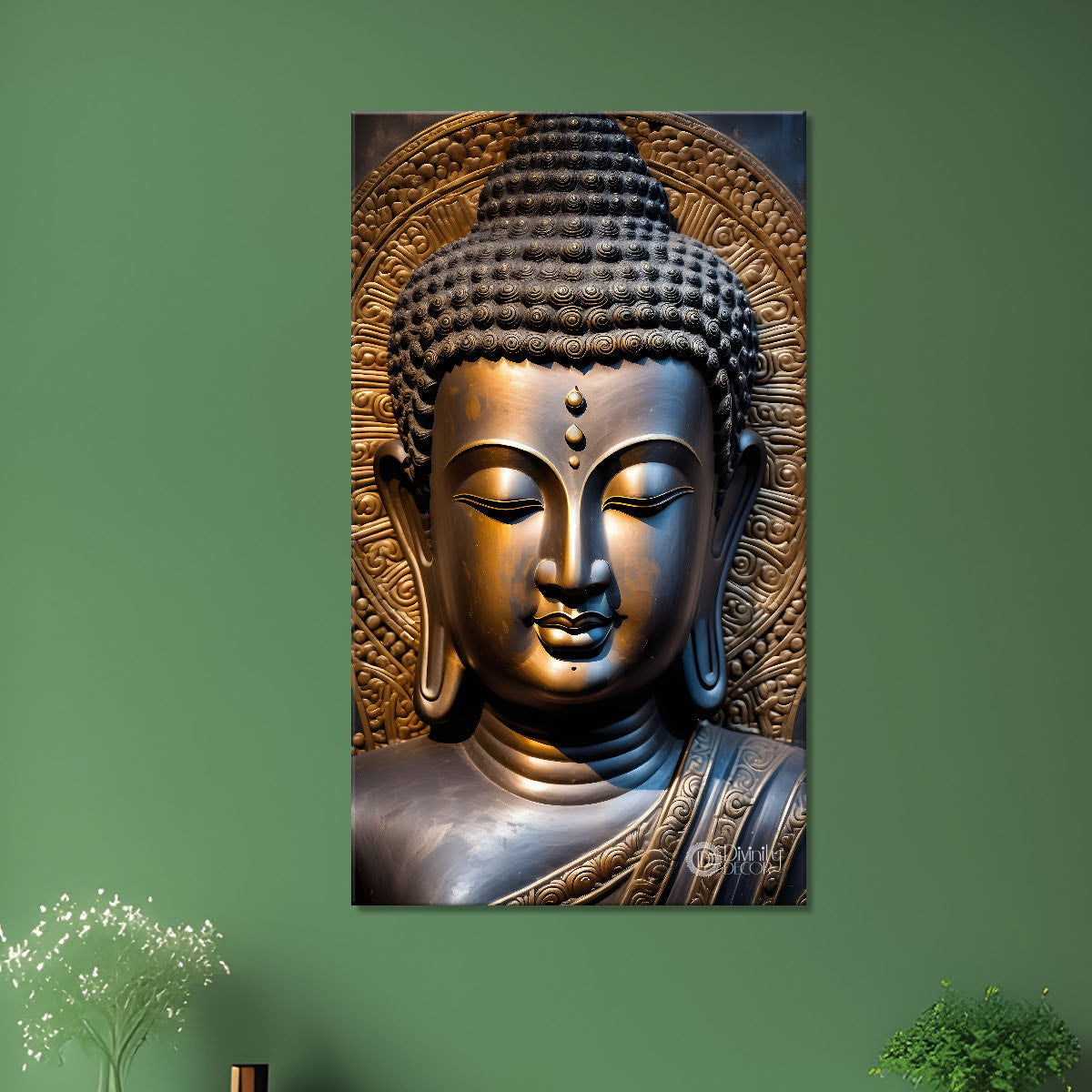 Golden buddha face with grey background textured painting - Buddha-V-35