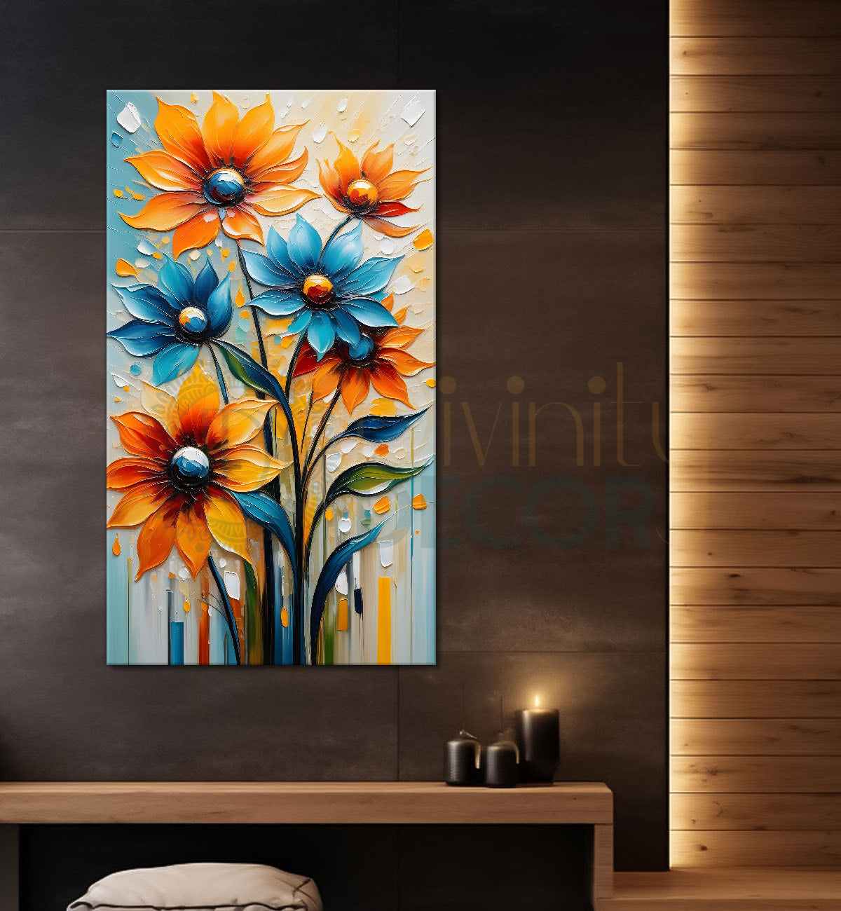 Orange and blue flowers in colourful textured background painting - Flower-V-35