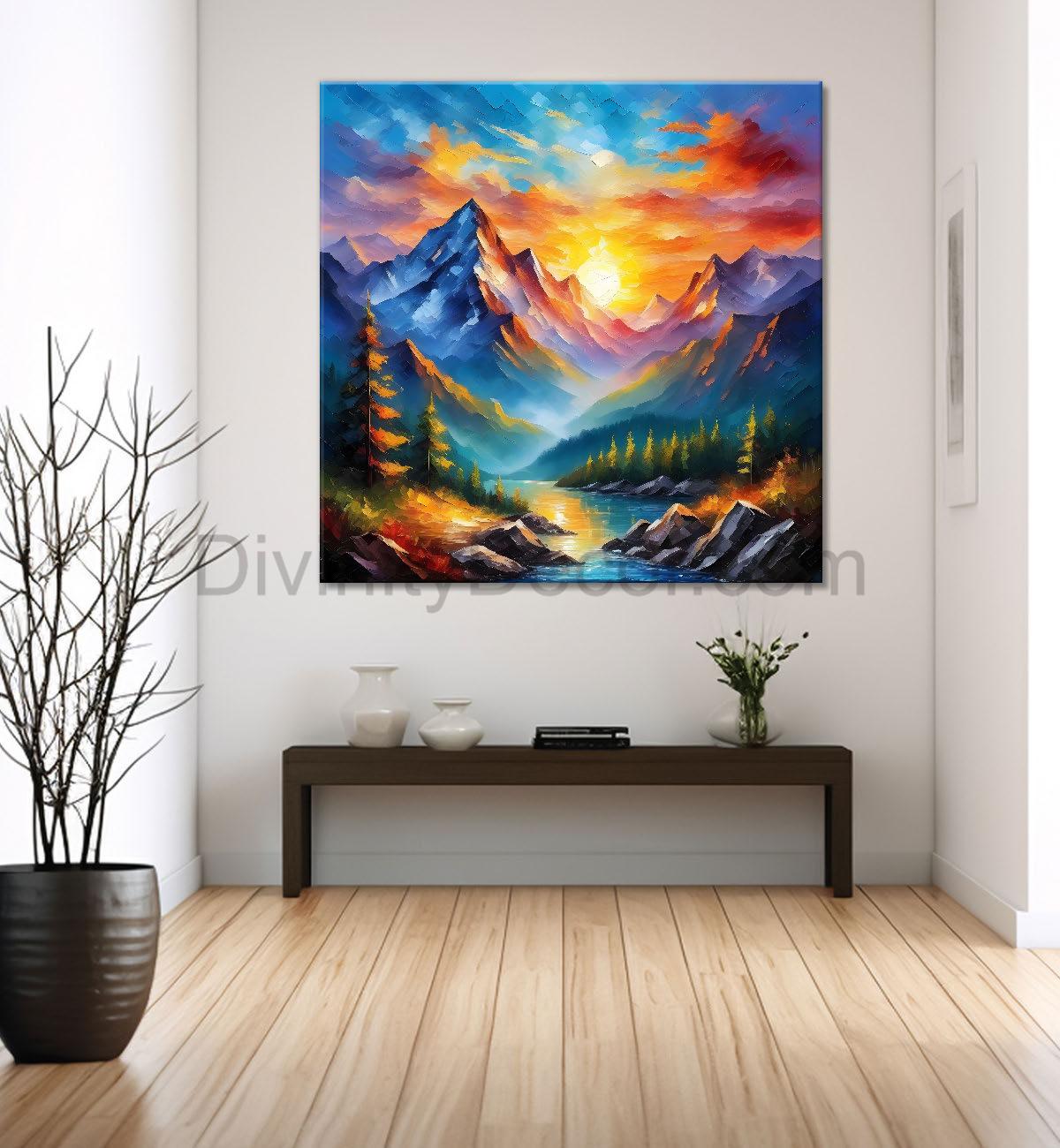 Colourful mountains in sunset natural painting Canvas Painting 24X24- Nature Art -S-35