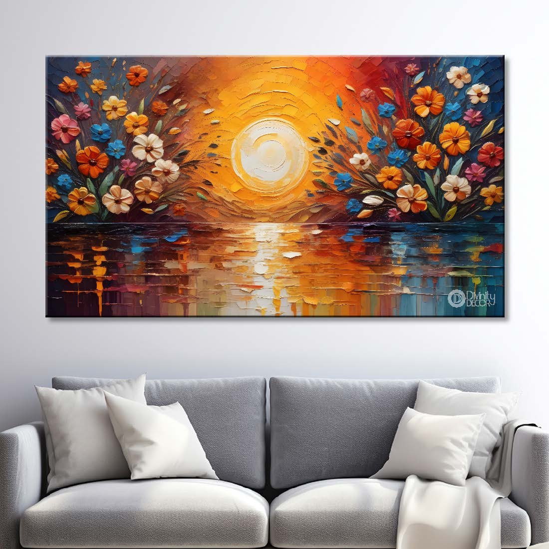 Colorful flowers with sunrise textured painting- Design - Flower-36