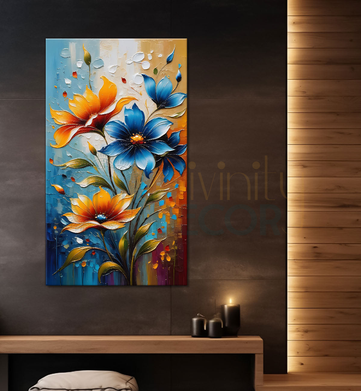 Orange and blue flowers in colourful textured background painting - Flower-V-36