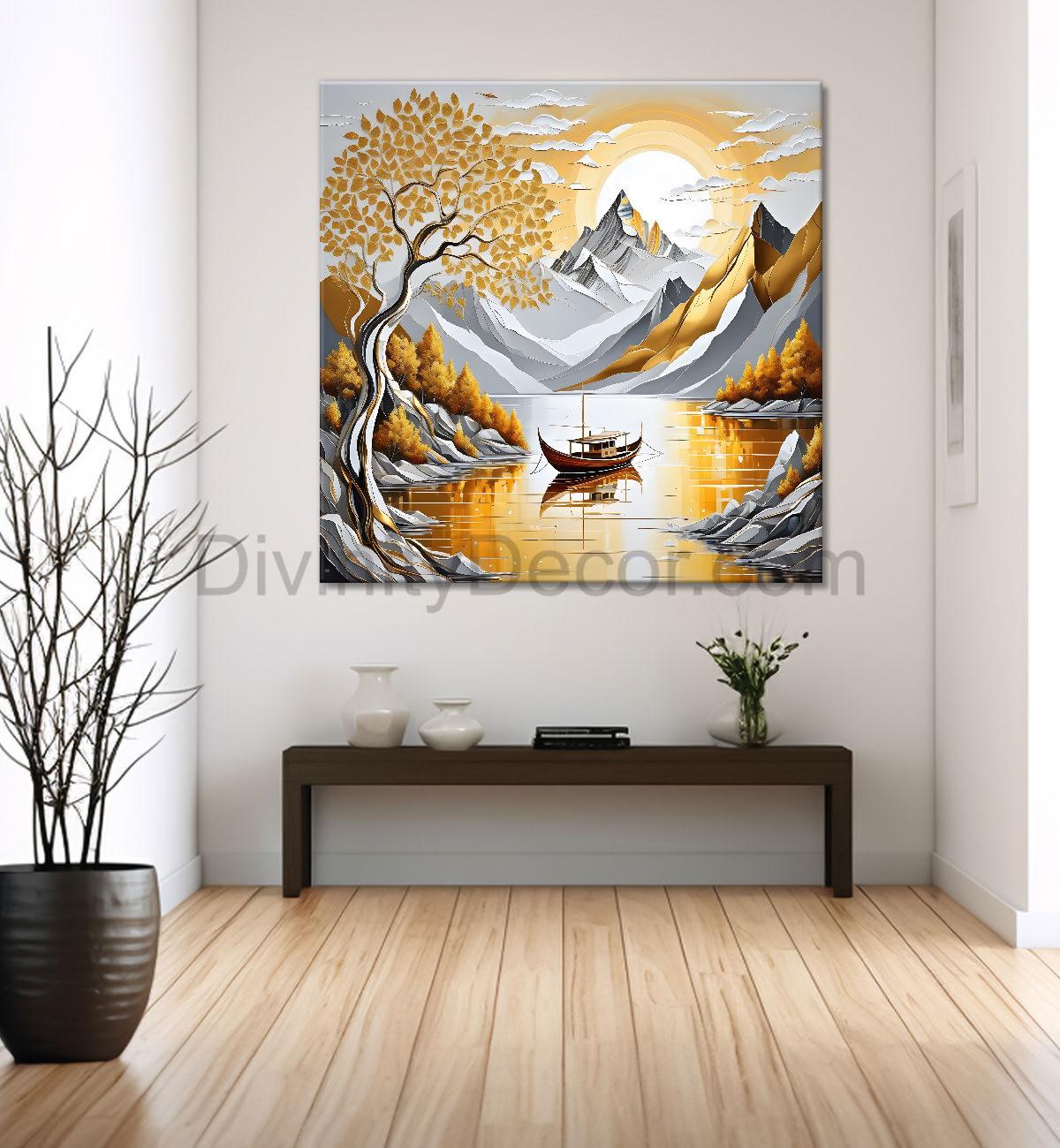 Golden tree with river and mountains in light background painting Canvas Painting 24X24 - Nature Art -S-36