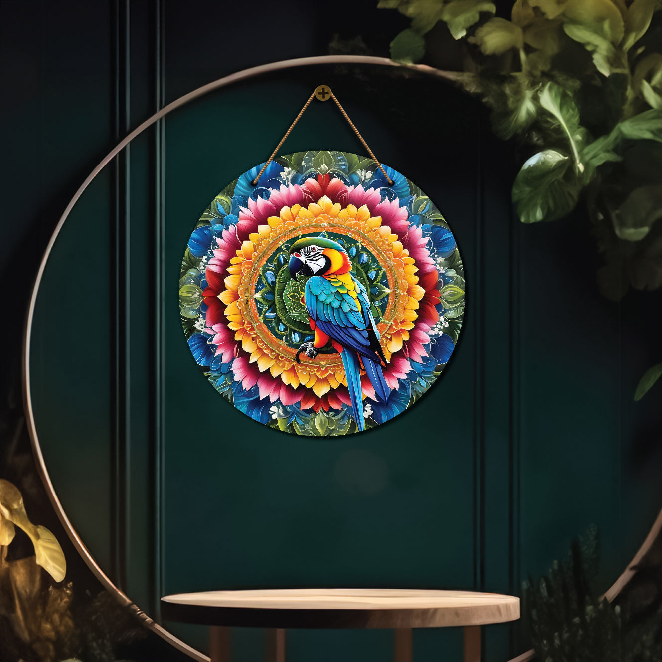 Peacock in orange and blue mandala Round Wooden Wall Hanging for wall Décor - Design - 36