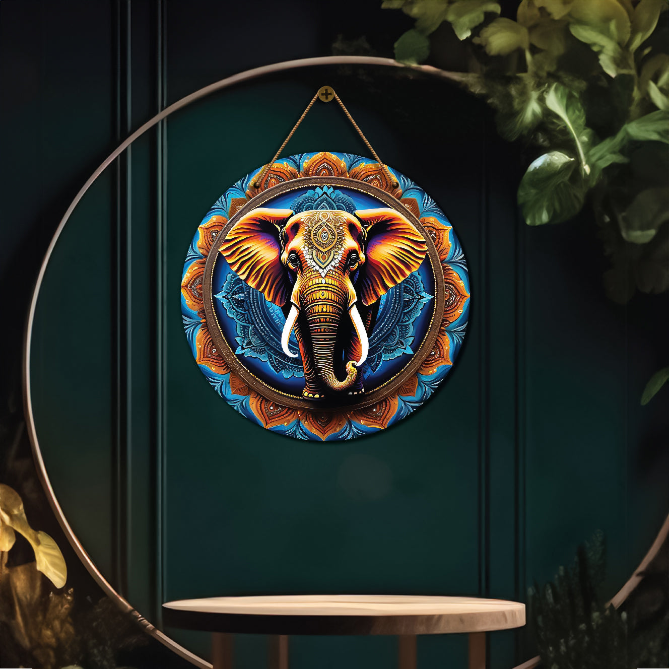 Elephant in blue and brown mandala Round Wooden Wall Hanging for wall Décor - Design - 37