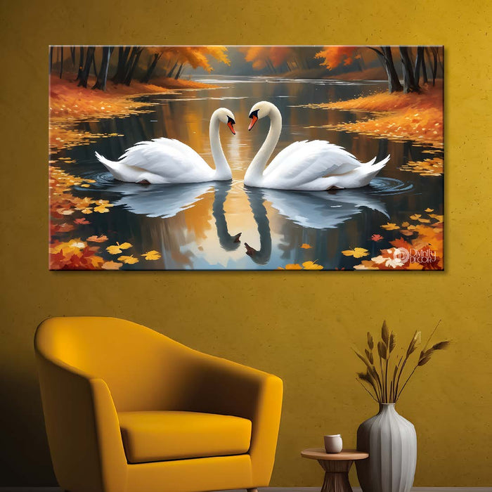 Two Swans floating with orange background textured art - Design - Animal -37