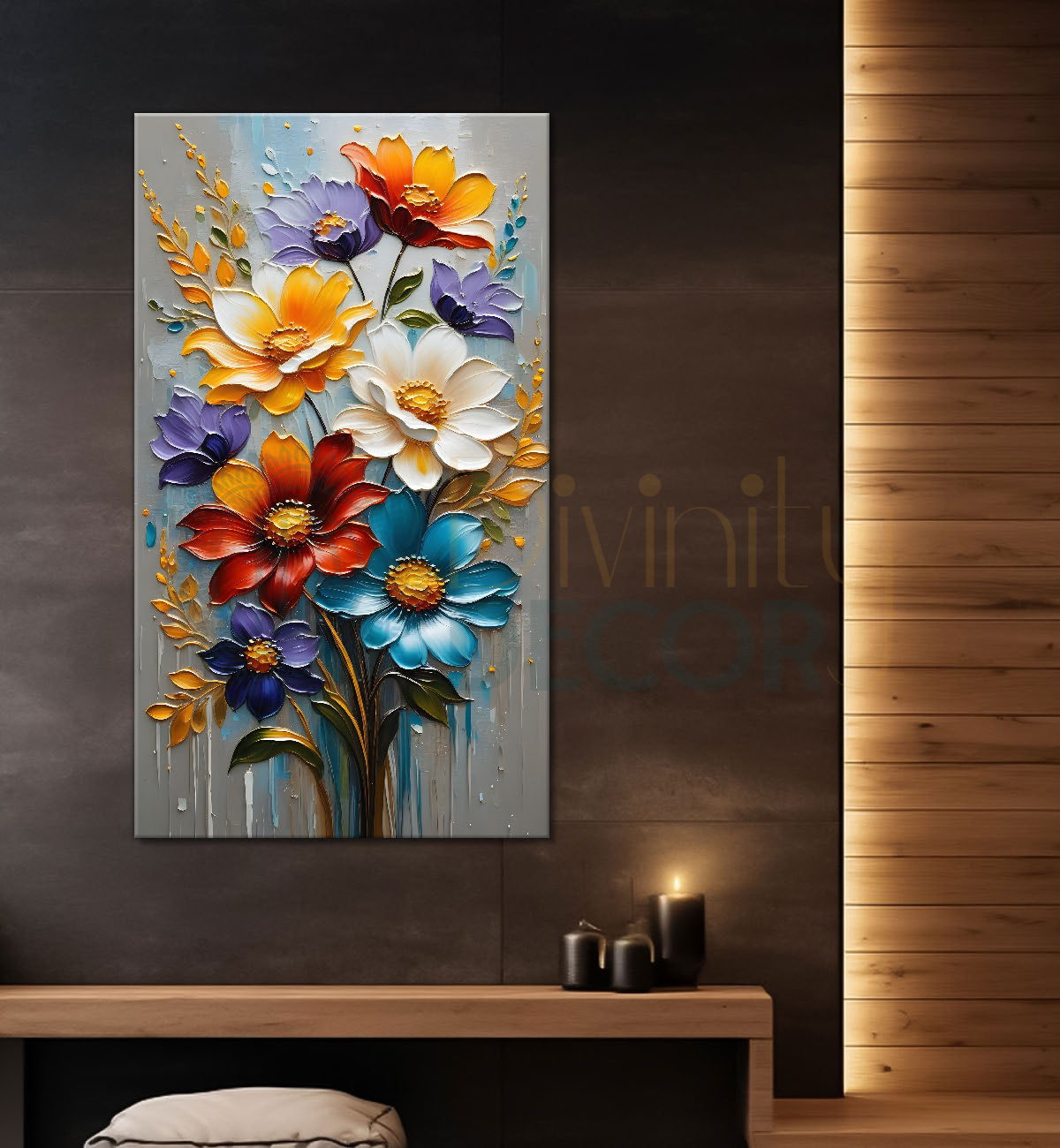 Colourful flowers in grey textured background painting - Flower-V-37