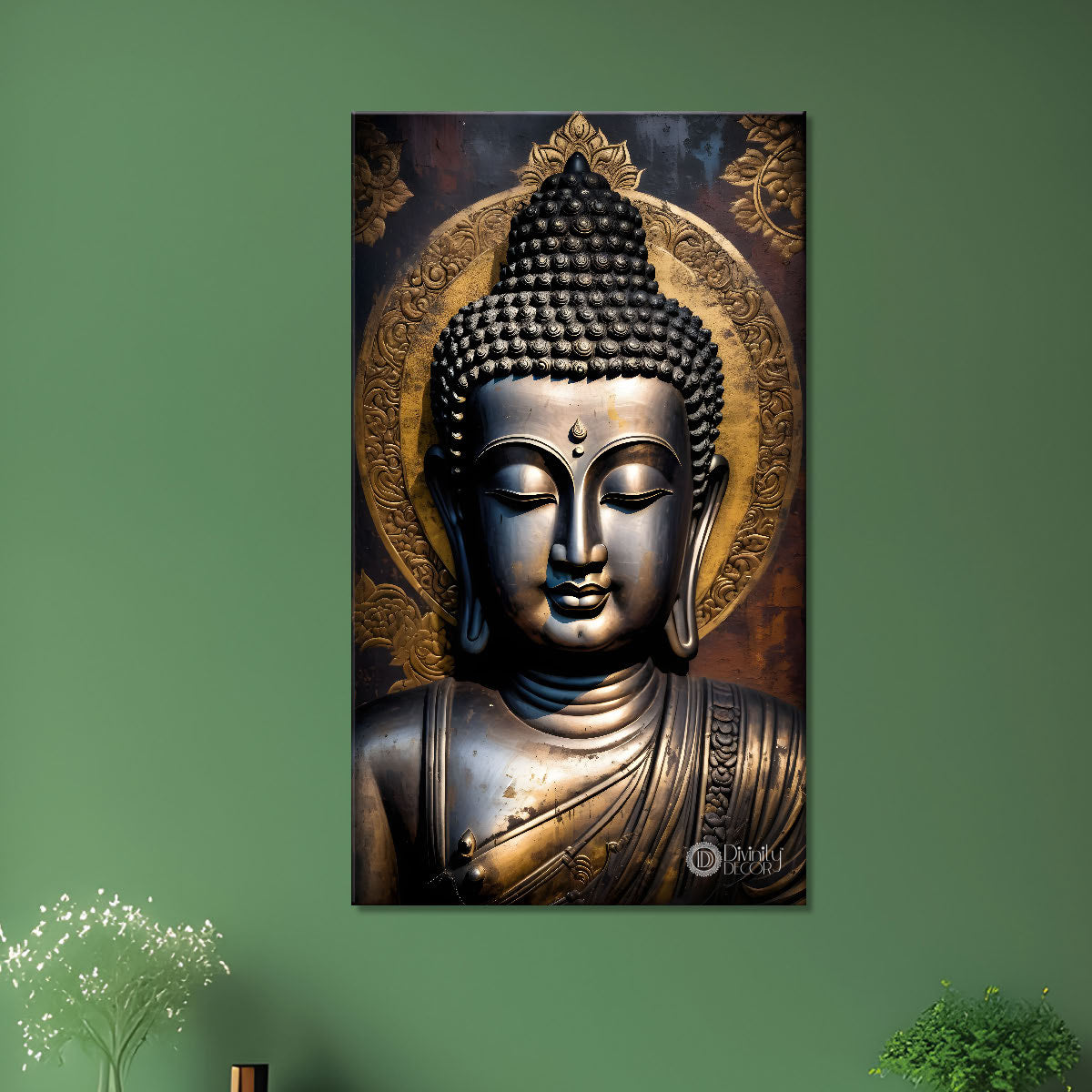 Golden buddha face with grey background textured painting - Buddha-V-38