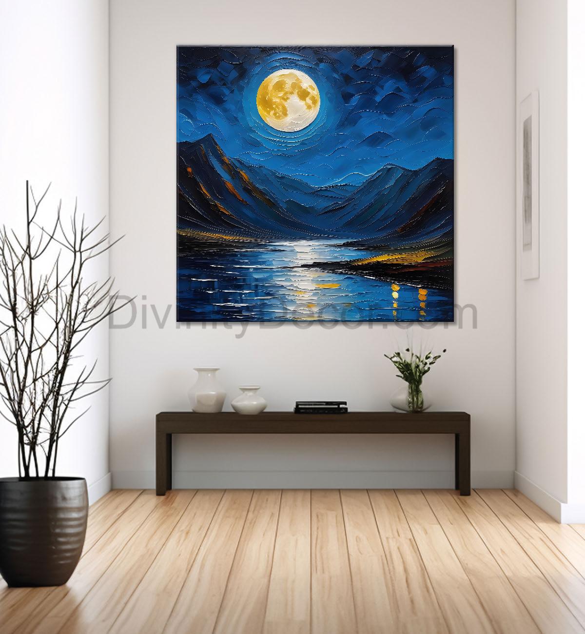 Mountians with moon and lake in night background painting Canvas Painting 24X24- Nature Art -S-38