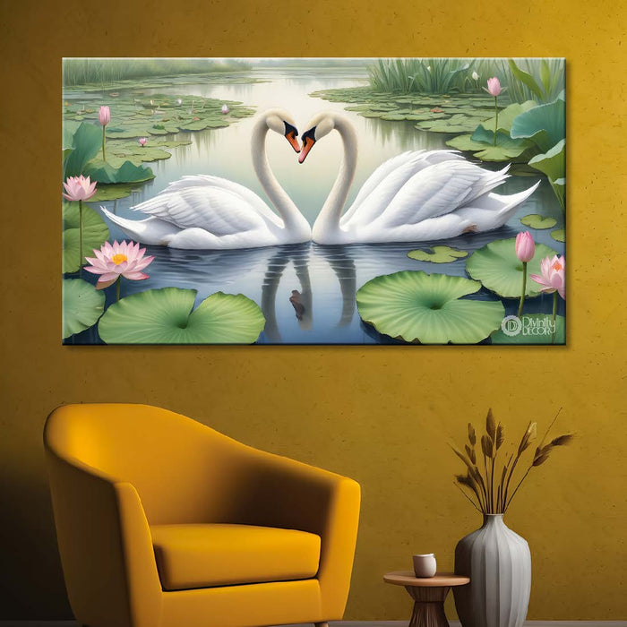 Two swans floating with lotus and green background textured art. - Design - Animal -38