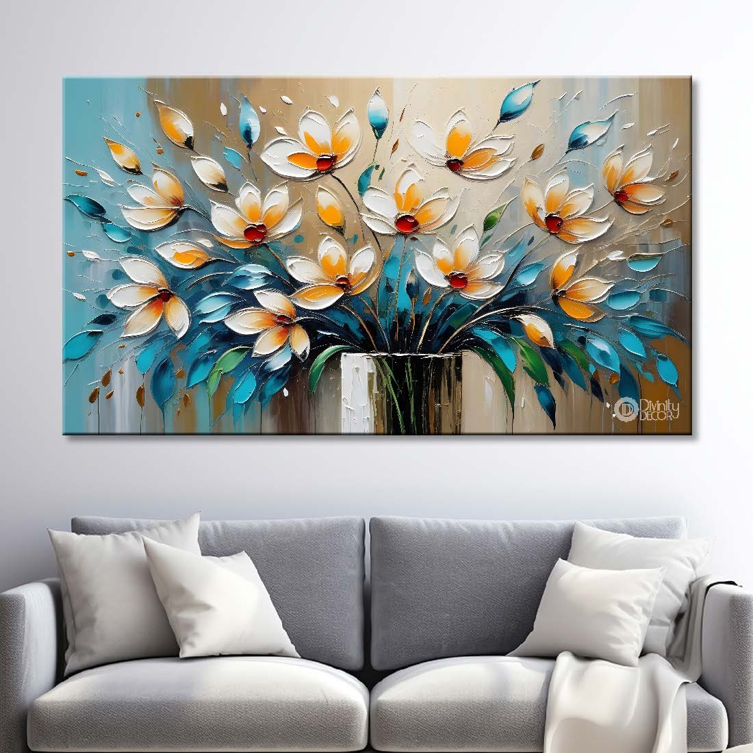 White flowers with blue textured painting- Design - Flower-39