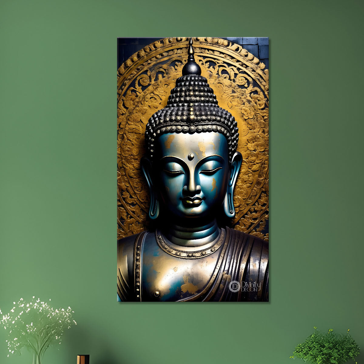 Blue buddha face with golden background textured painting - Buddha-V-39