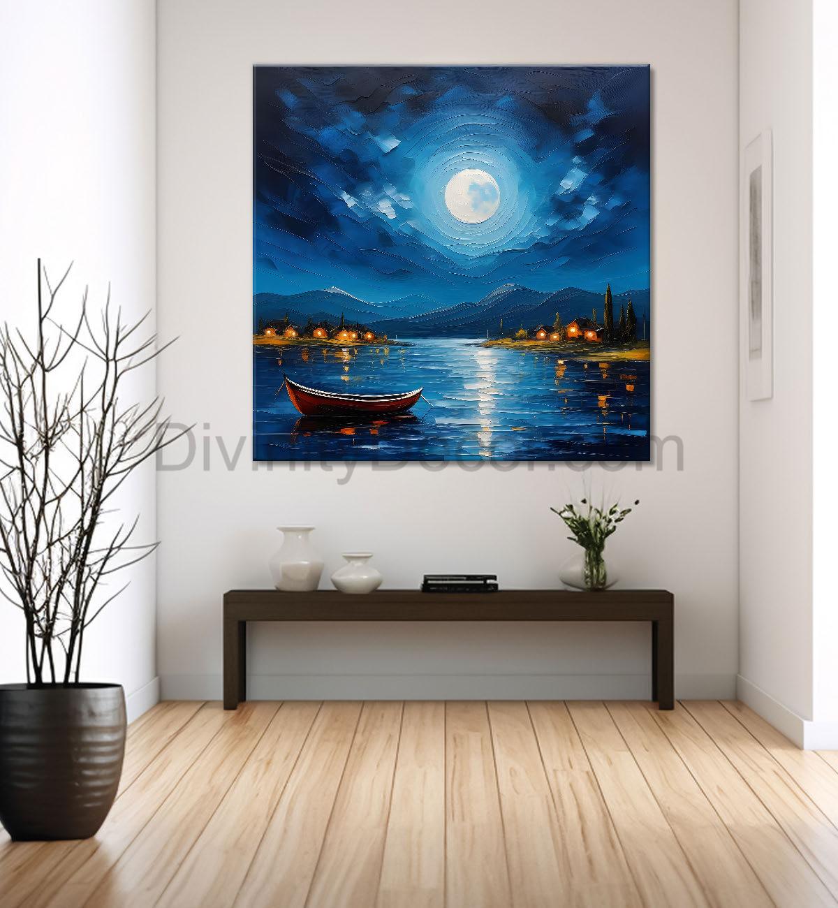 Mountains with river and moon painting Canvas Painting 24X24- Nature Art -S-39