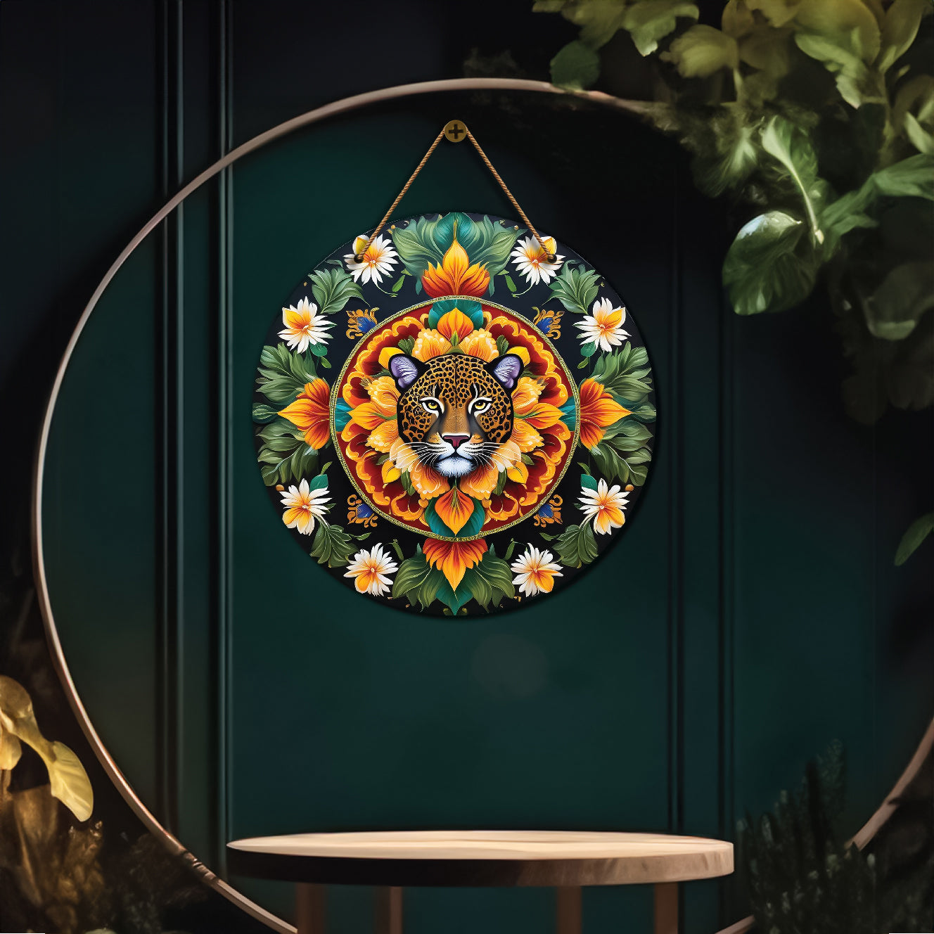 Tiger and floral and green mandala Round Wooden Wall Hanging for wall Décor - Design - 39