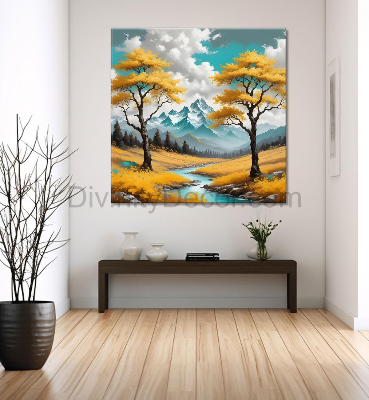 Yellow trees eith lake painting Canvas Painting 24X24 - Nature Art -S-40