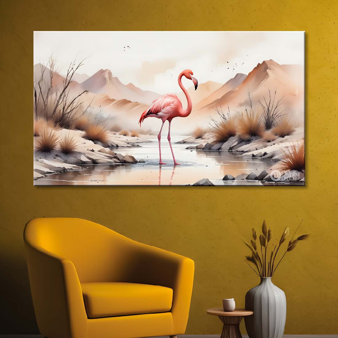 Pink flamingo with mountains and fog textured art - Design - Animal -40