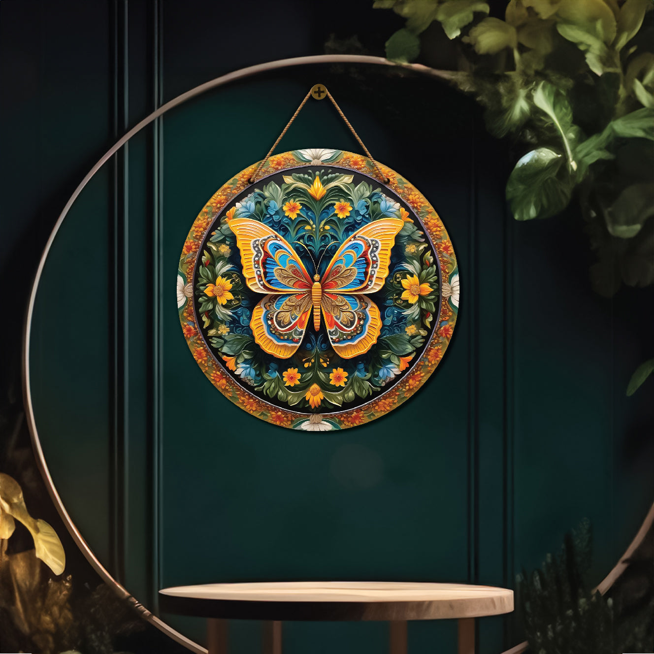 Butterfly in green and yellow mandala Round Wooden Wall Hanging for wall Décor - Design - 40