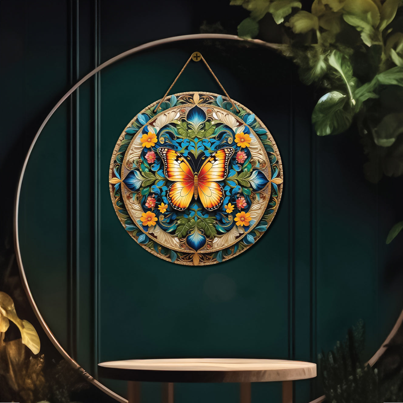 Yellow butterfly in green and orange mandala Round Wooden Wall Hanging for wall Décor - Design - 41