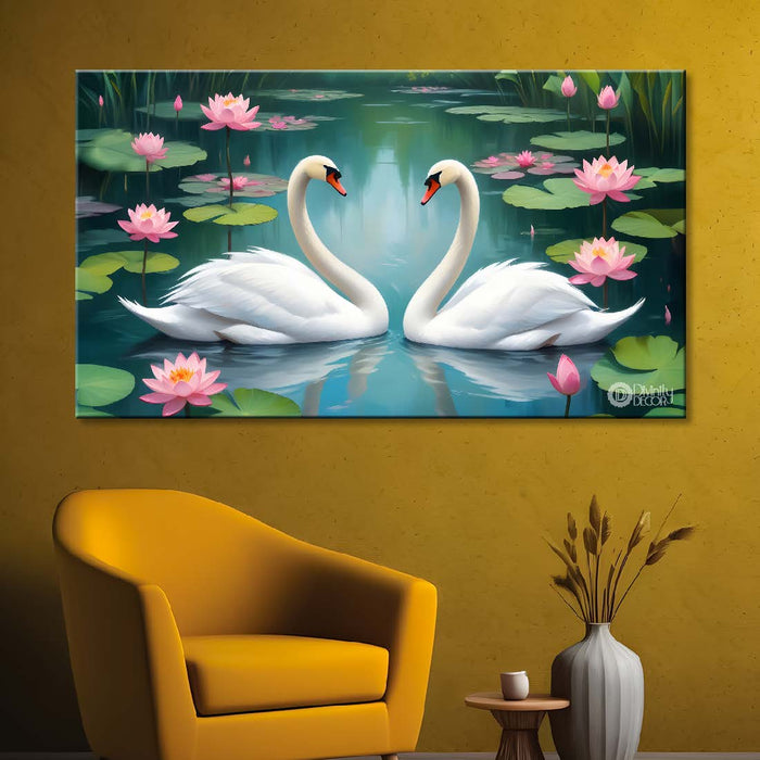 Two swans floating with lotus and green background textured art. - Design - Animal -41