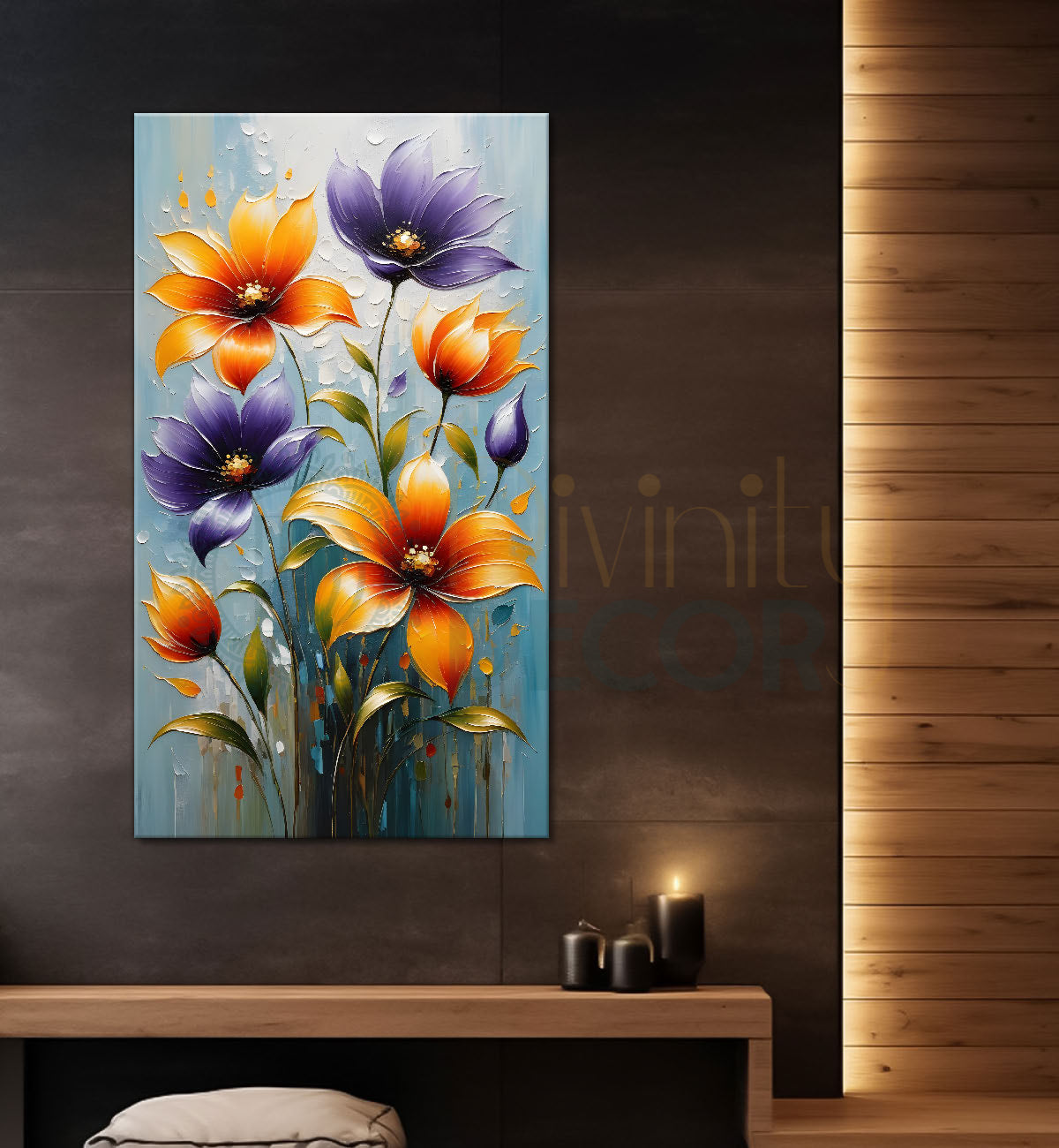 Orange and purple flowers in grey textured background painting - Flower-V-41