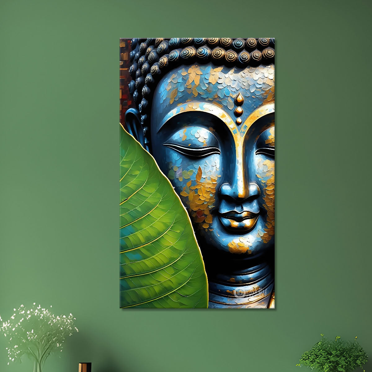 Blue buddha face with green leaf background textured painting - Buddha-V-41