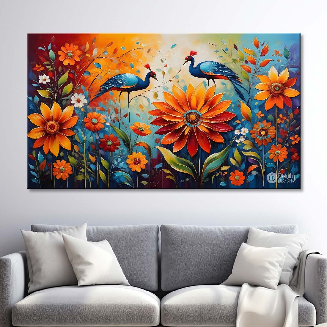 Orange flowers with birds textured painting- Design - Flower-42