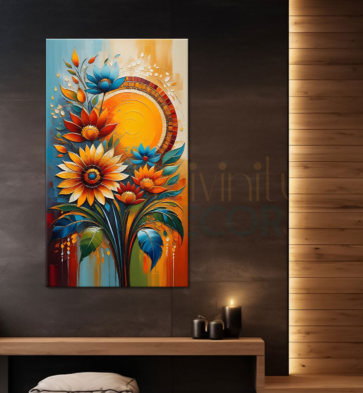 Orange and blue flowers in yellow textured background painting - Flower-V-42