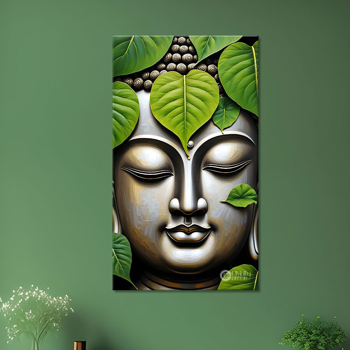 Buddha face with green leaves background textured painting - Buddha-V-42