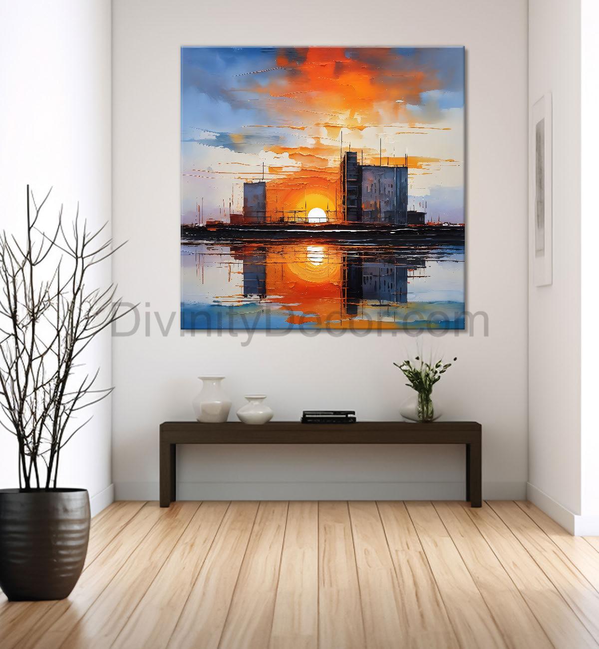 City in the sun set painting Canvas Painting 24X24 - Nature Art -S-43