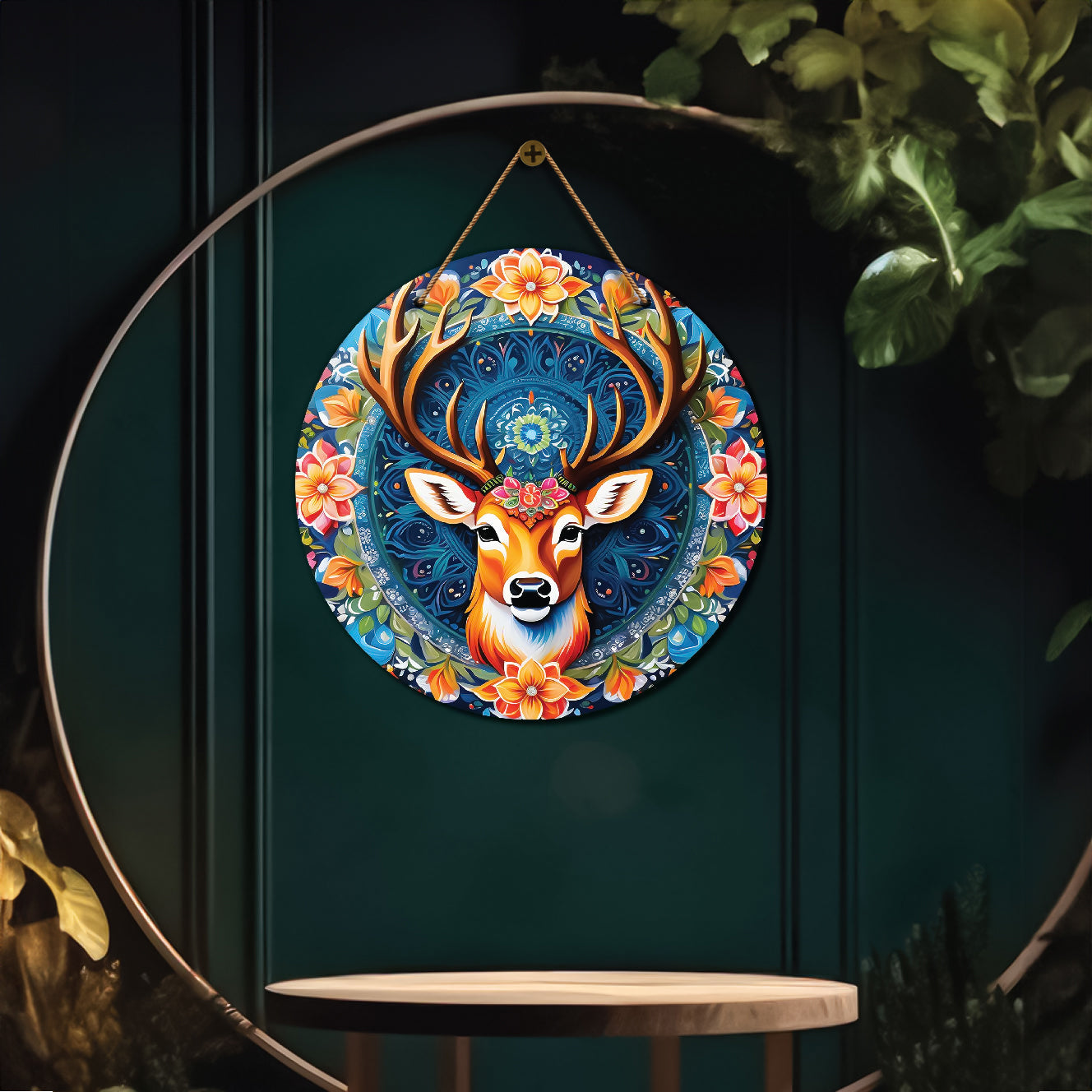 Deer in blue and orange mandala Round Wooden Wall Hanging for wall Décor - Design - 43