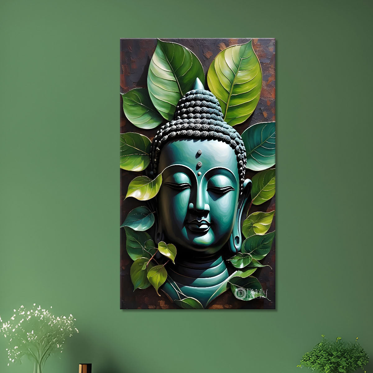 Blue buddha face with green leaves background textured painting - Buddha-V-43