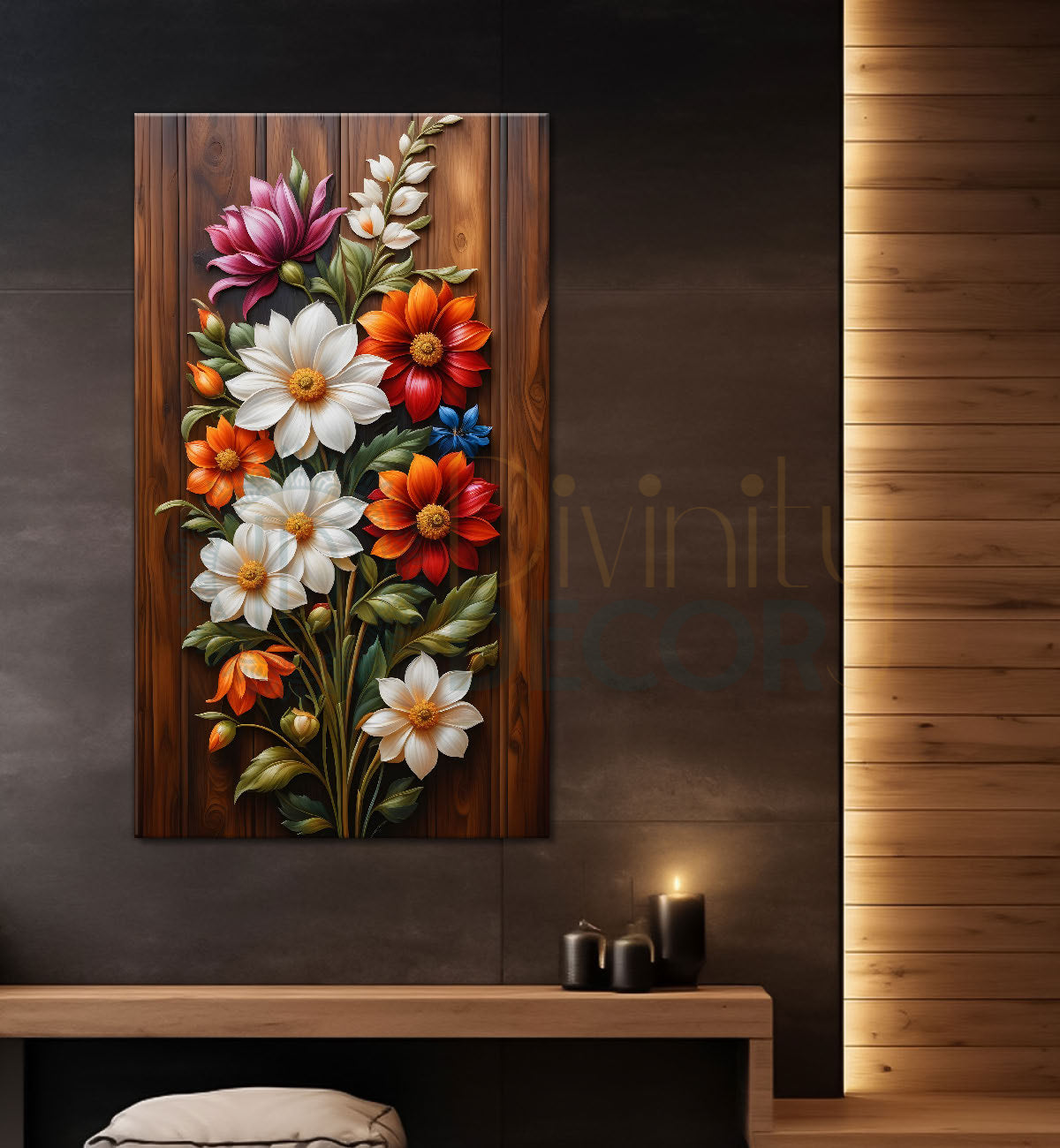 Colourful flowers in brown textured background painting - Flower-V-43