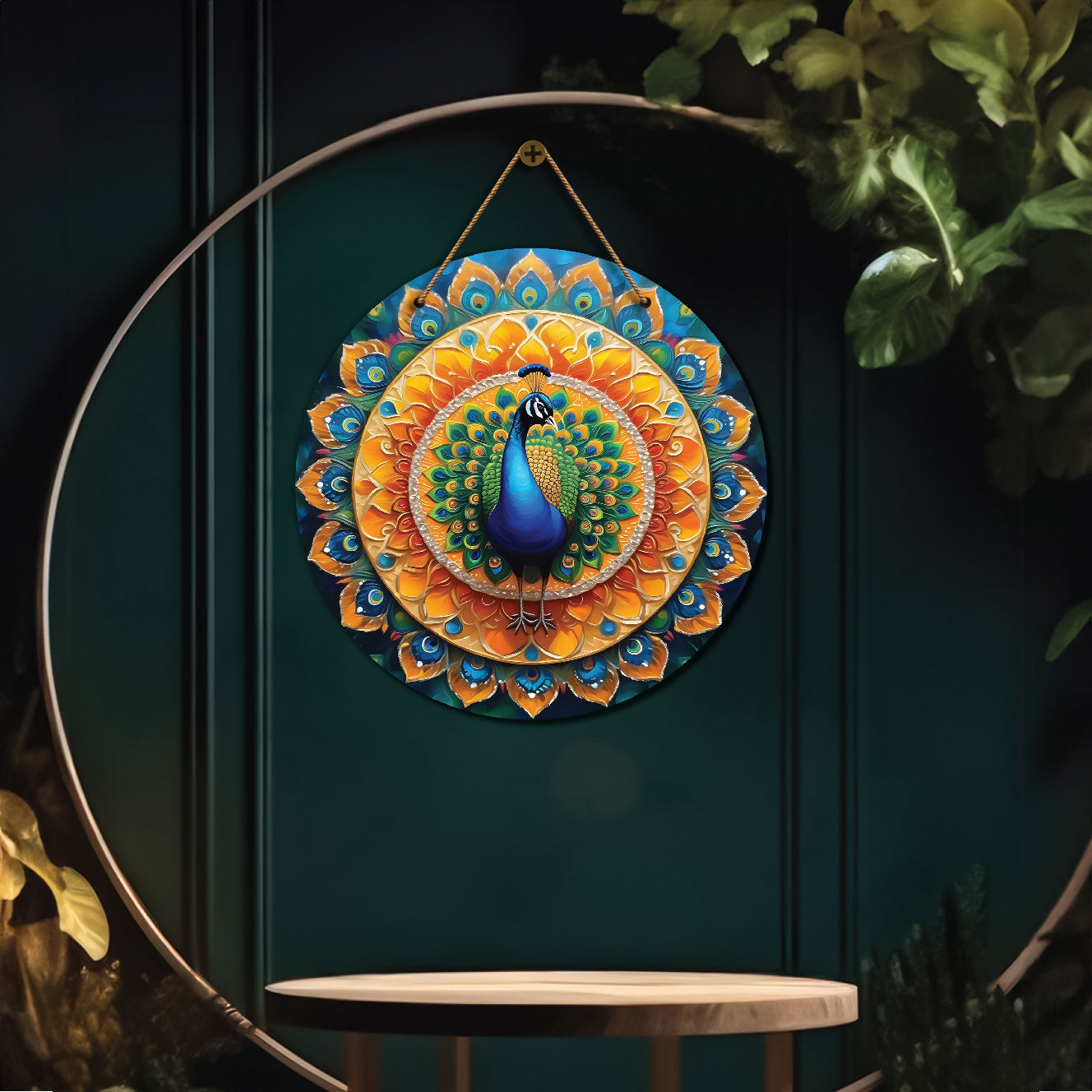 Peacock in orange and green mandala Round Wooden Wall Hanging for wall Décor - Design - 44