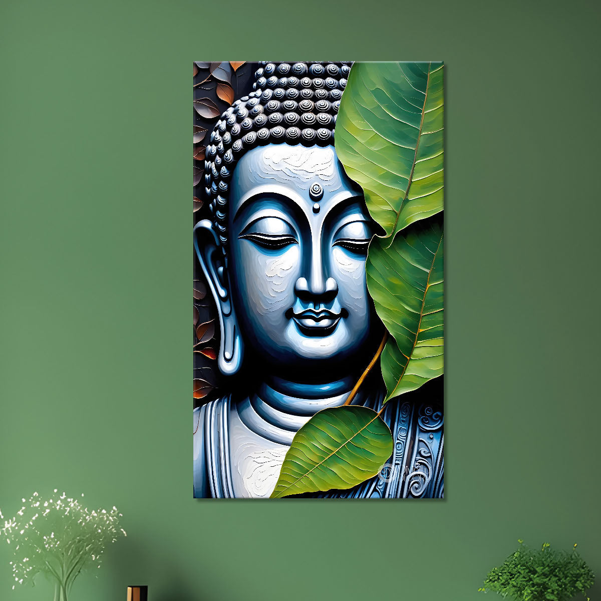 Blue buddha face with green leaves background textured painting- Buddha-V-44