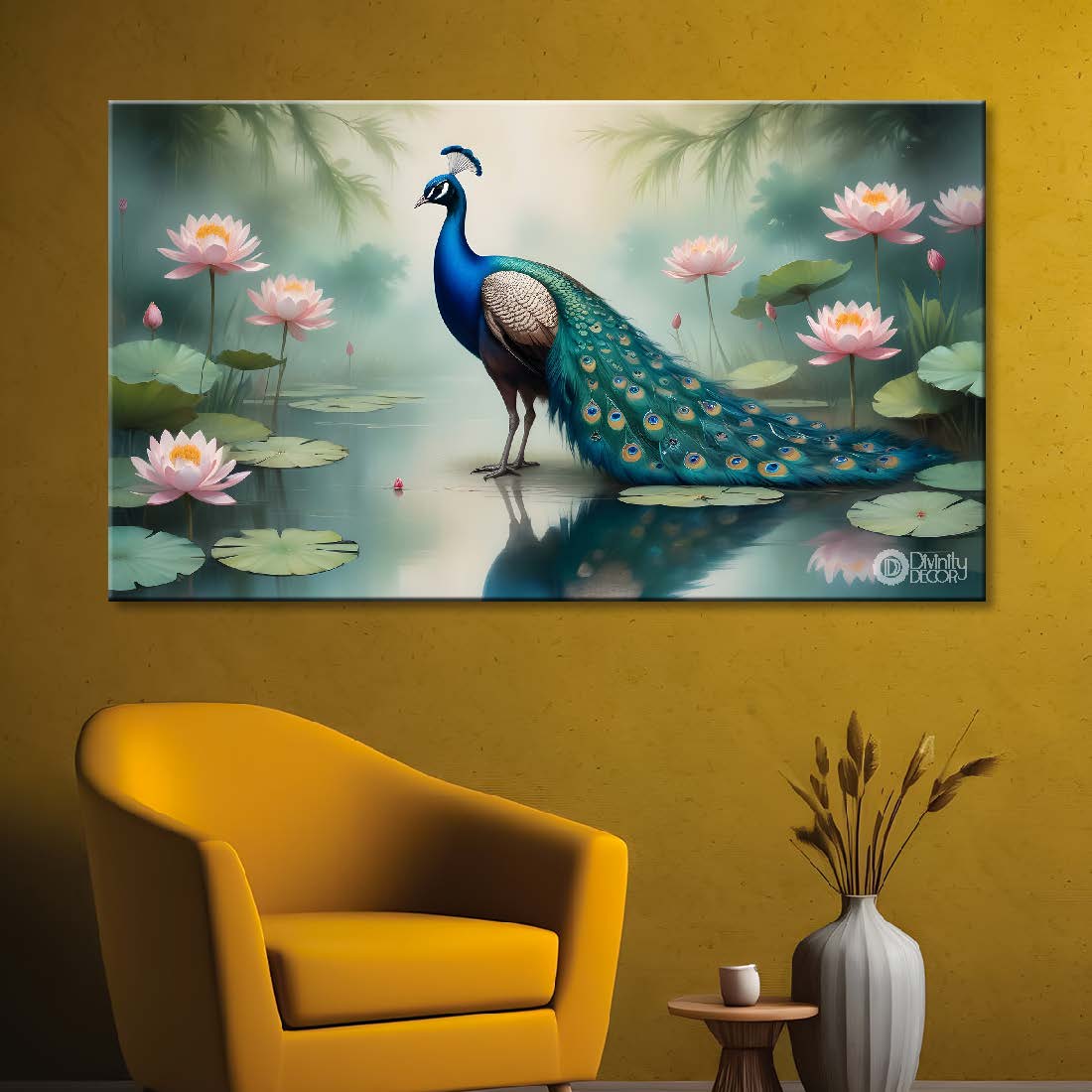Peacock with lotus and green background textured art.- Design - Animal -44