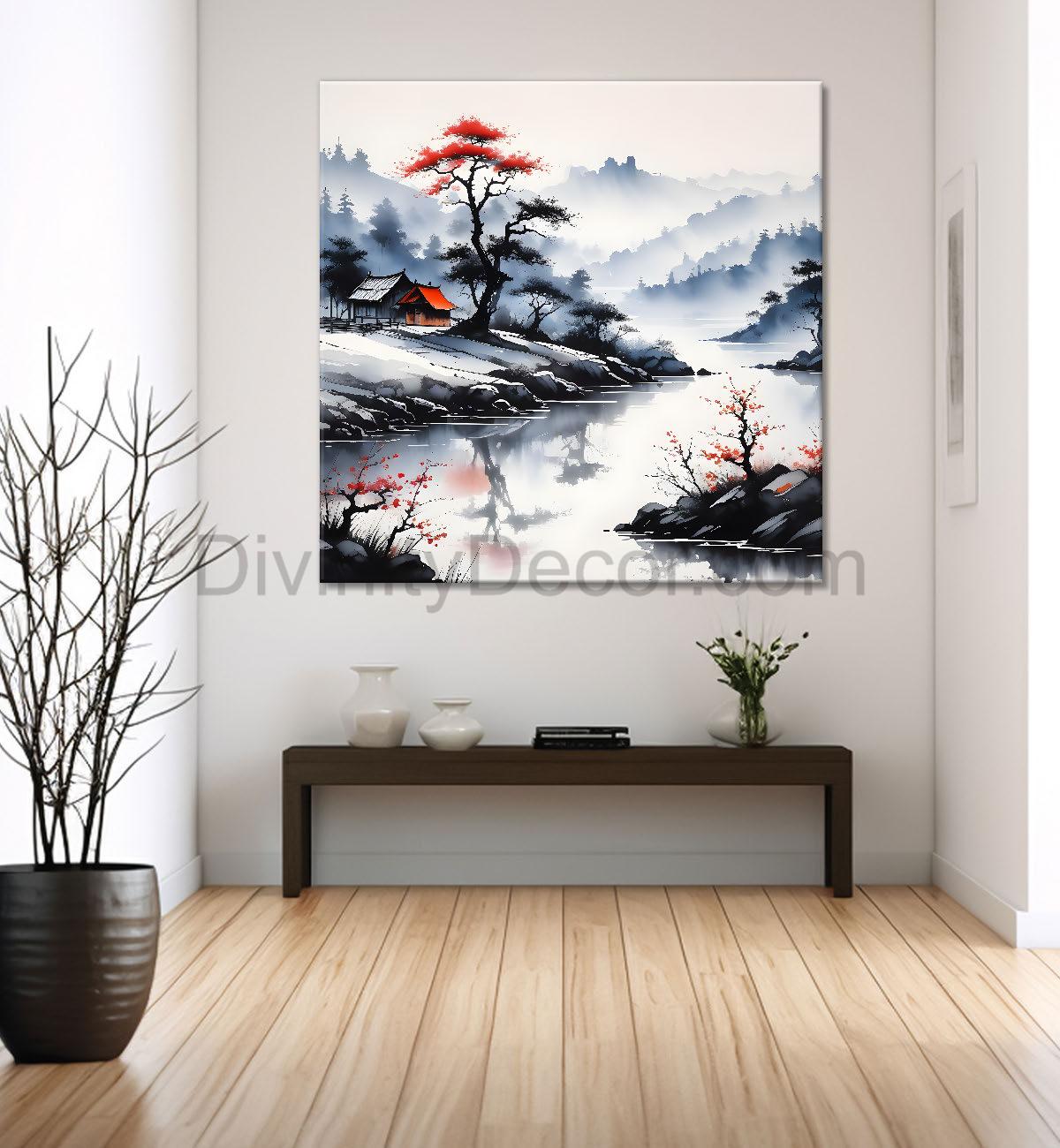 Mountains with trees and river water colour painting Canvas Painting 24X24- Nature Art -S-44