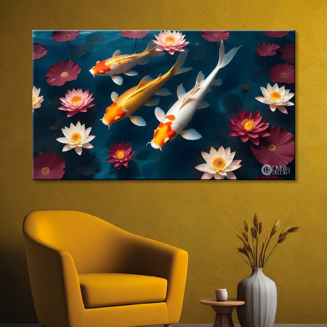 Three koi fishes in the water with flowers textured art. - Design - Animal - 45