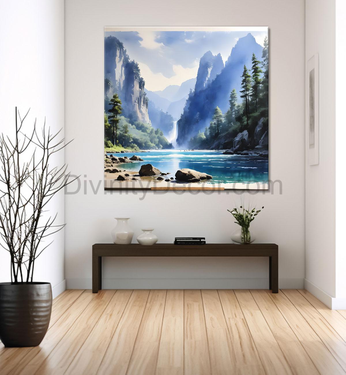 Mountains with river and greenery painting Canvas Painting 24X24- Nature Art -S-45