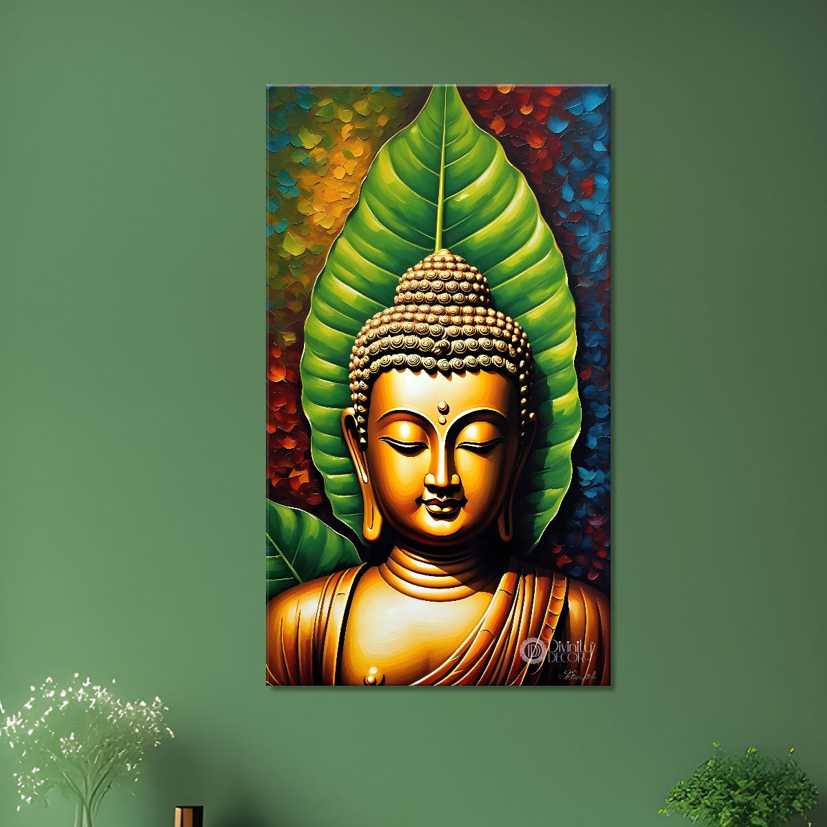 Golden buddha face with green leaf background textured painting- Buddha-V-45