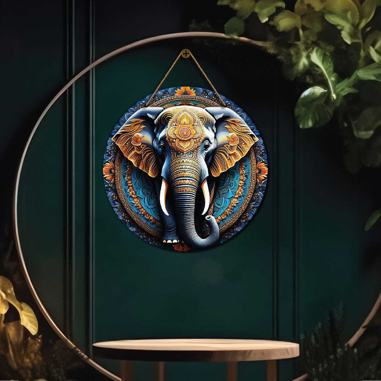 Elephant in colourful mandala Round Wooden Wall Hanging for wall Décor - Design - 45