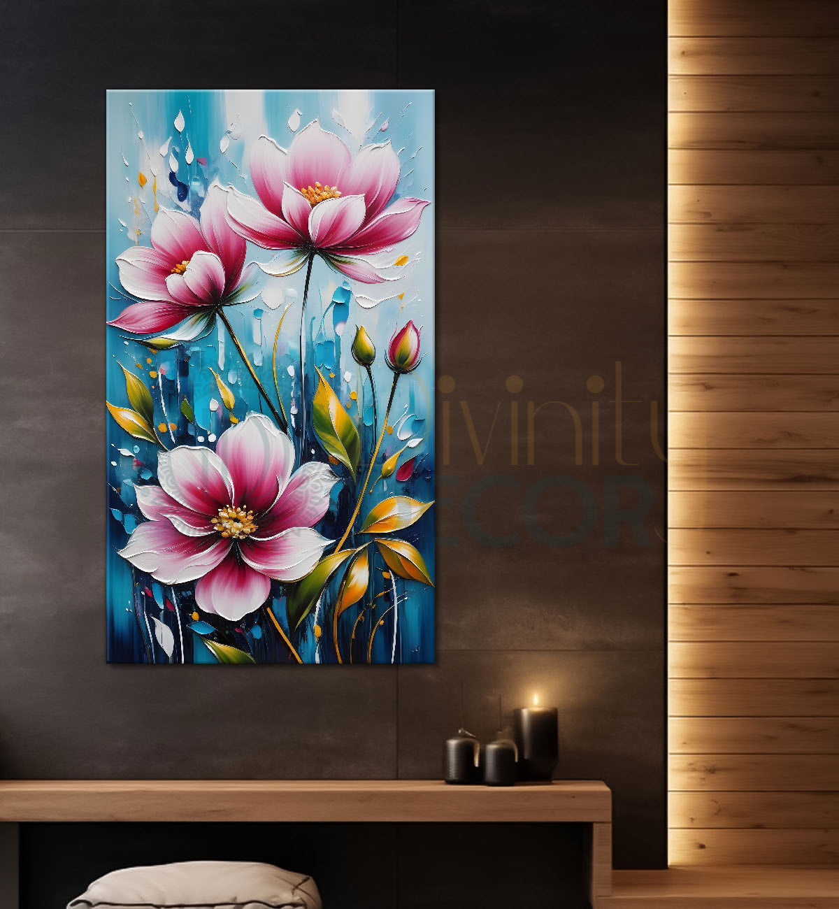 Pink flowers in blue textured background painting - Flower-V-45