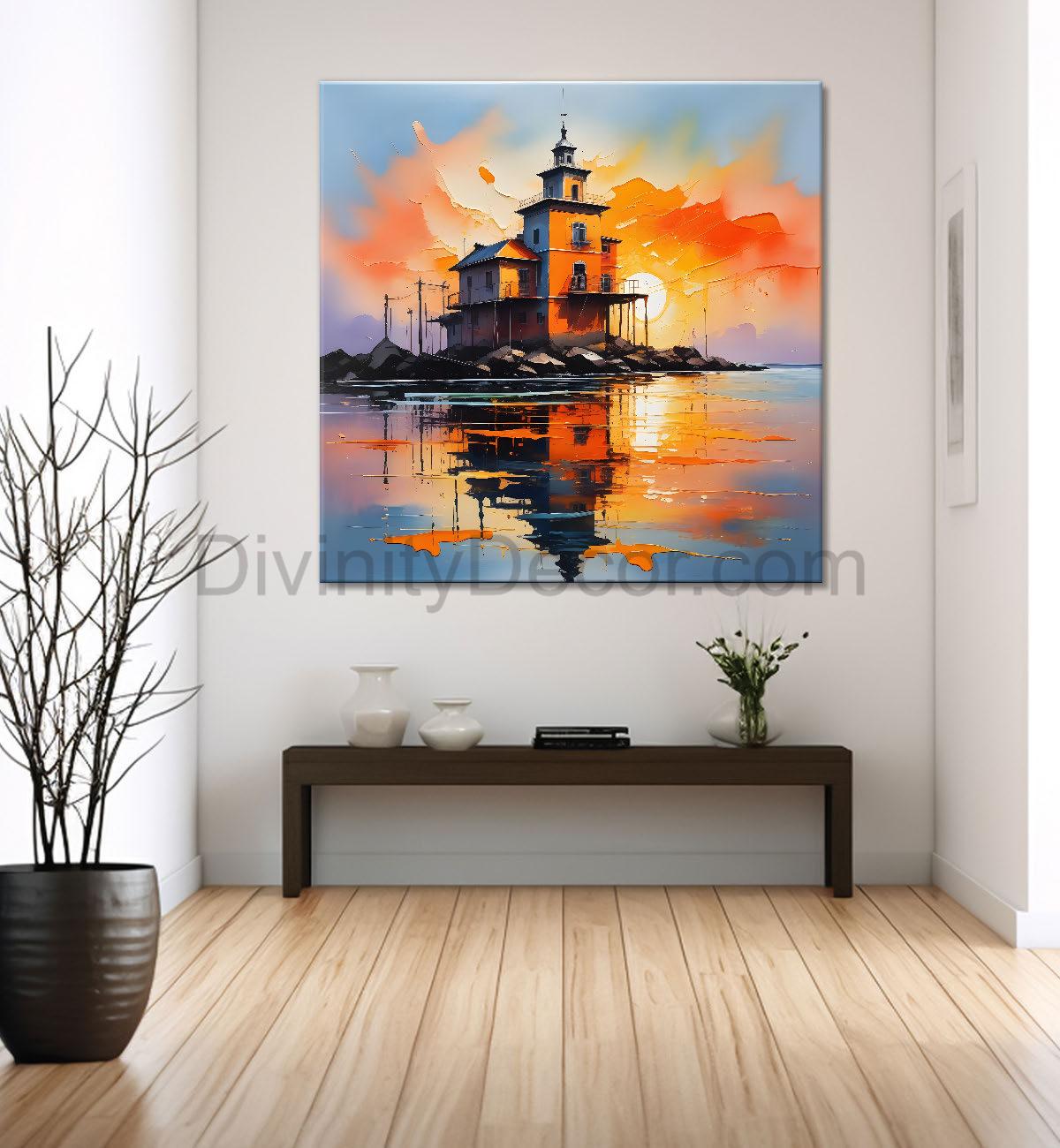 House in the river with sunset painting Canvas Painting 24X24- Nature Art -S-46