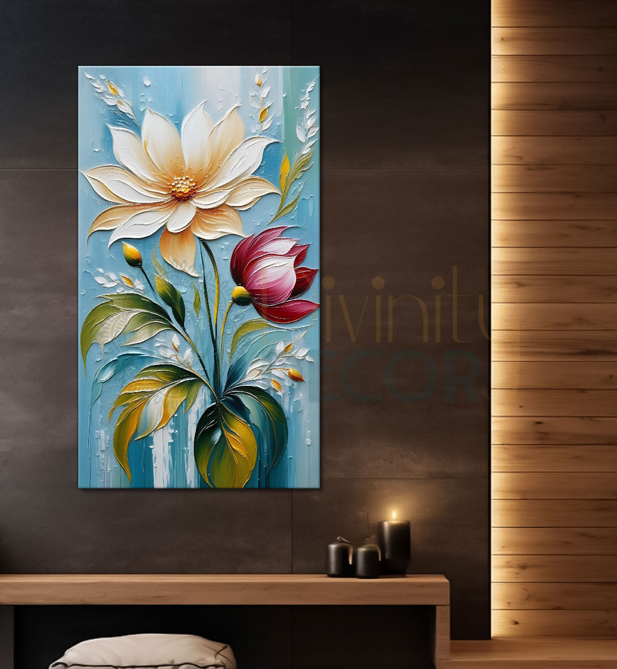 Pink and white flowers in blue textured background painting - Flower-V-46