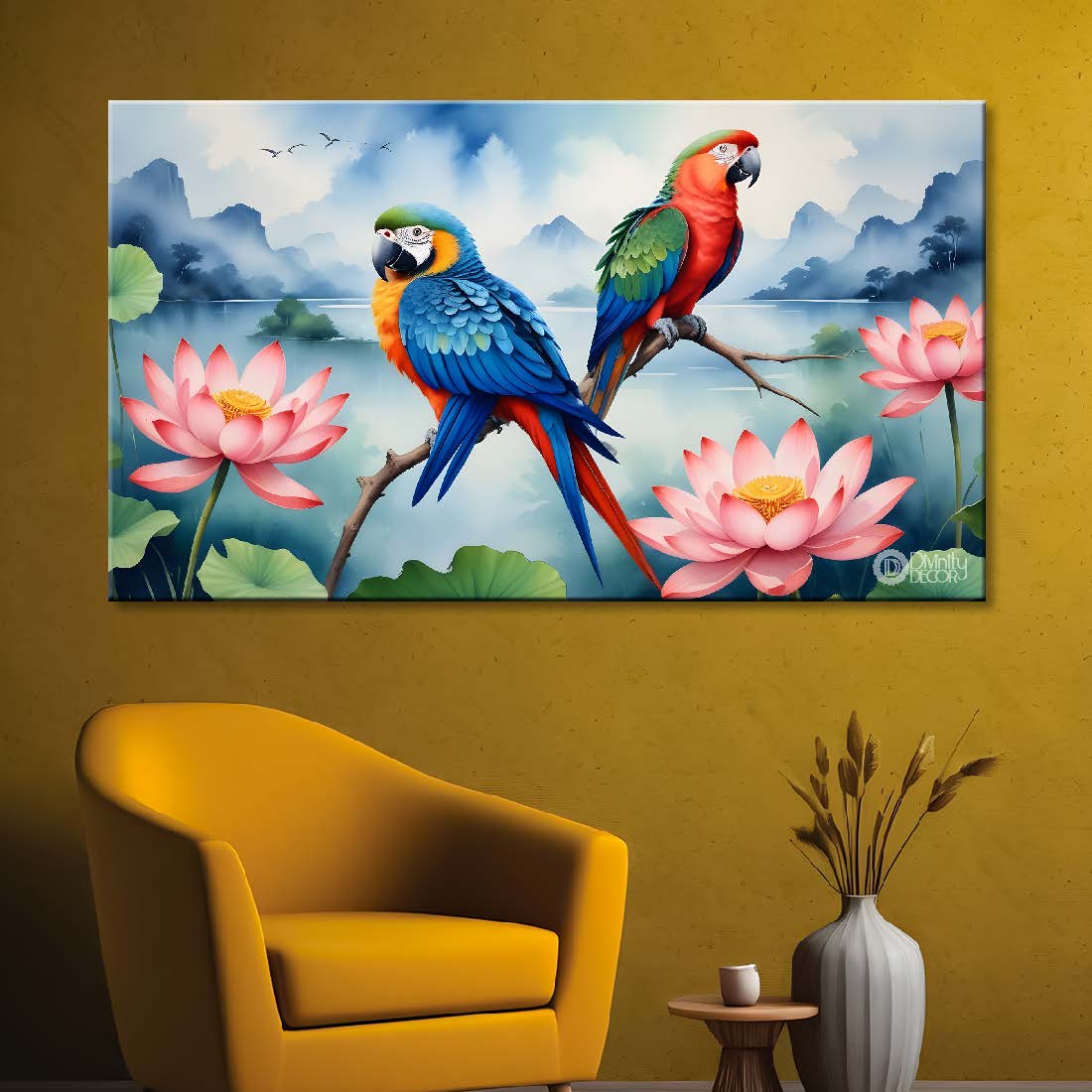 Two parrots with lotus and mountains in light blue background textured art. - Design - Animal - 46