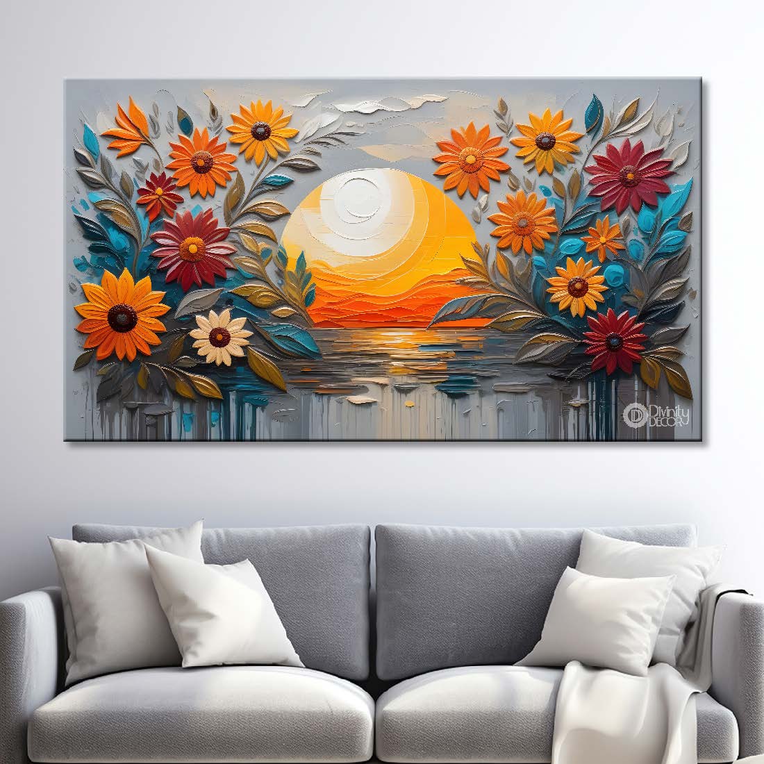 Colorful flowers with sunrise textured painting- Design - Flower-47