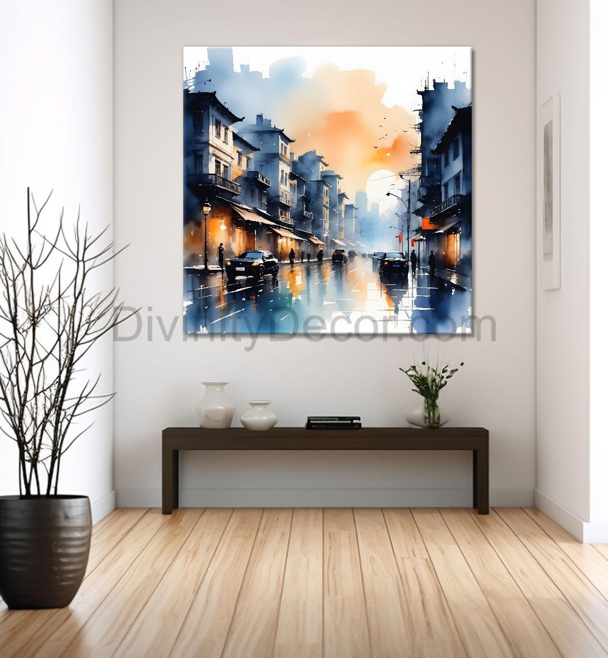 City with cars and people painting Canvas Painting 24X24- Nature Art -S-47