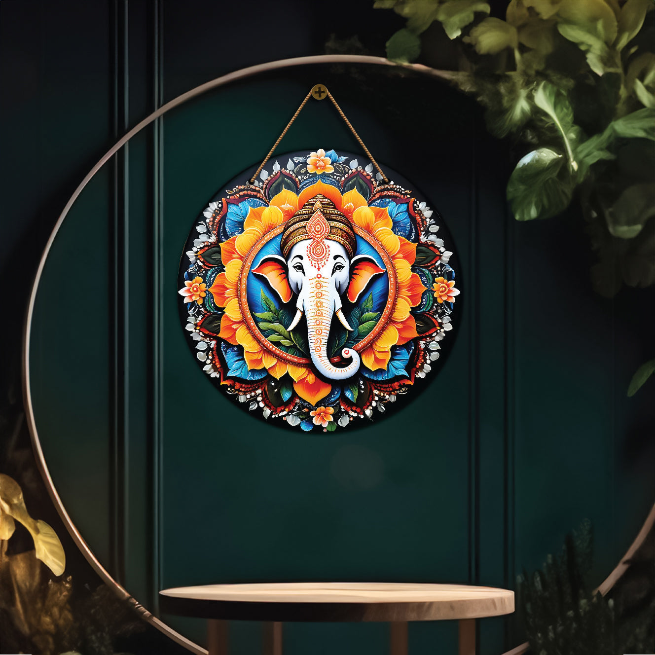 Ganesh Ji in orange and floral mandala Round Wooden Wall Hanging for wall Décor - Design - 47