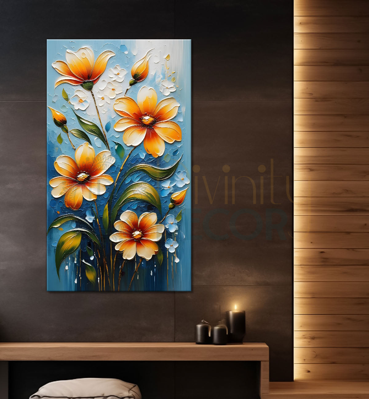 Orange flowers in blue textured background painting- Flower-V-47