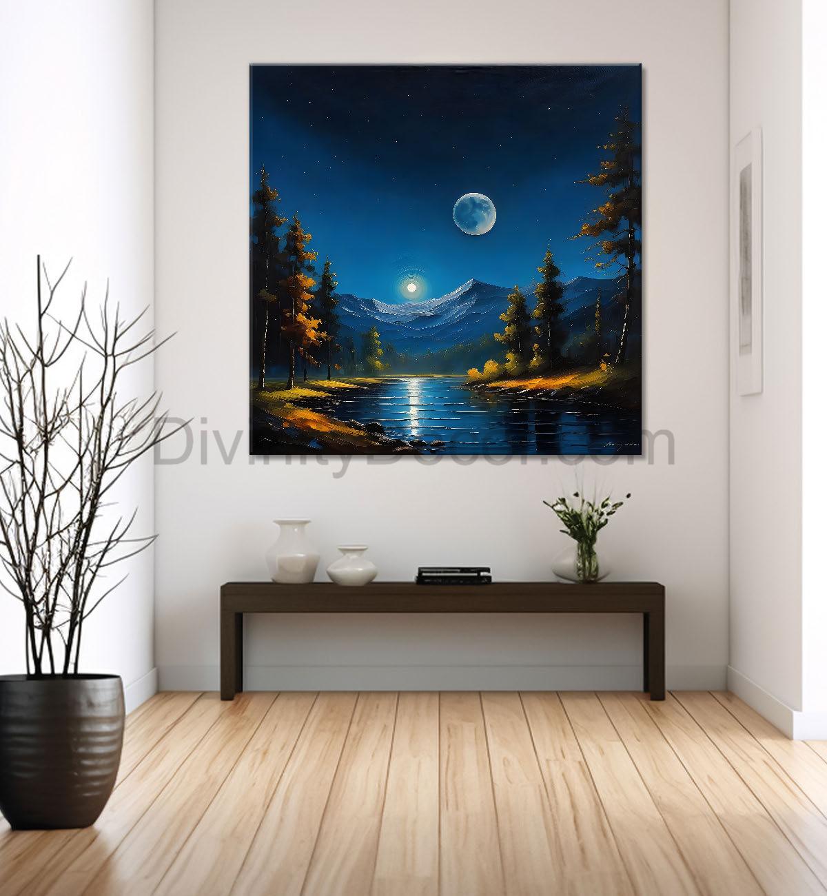 Mountains with tree river and moon painting Canvas Painting 24X24- Nature Art -S-48