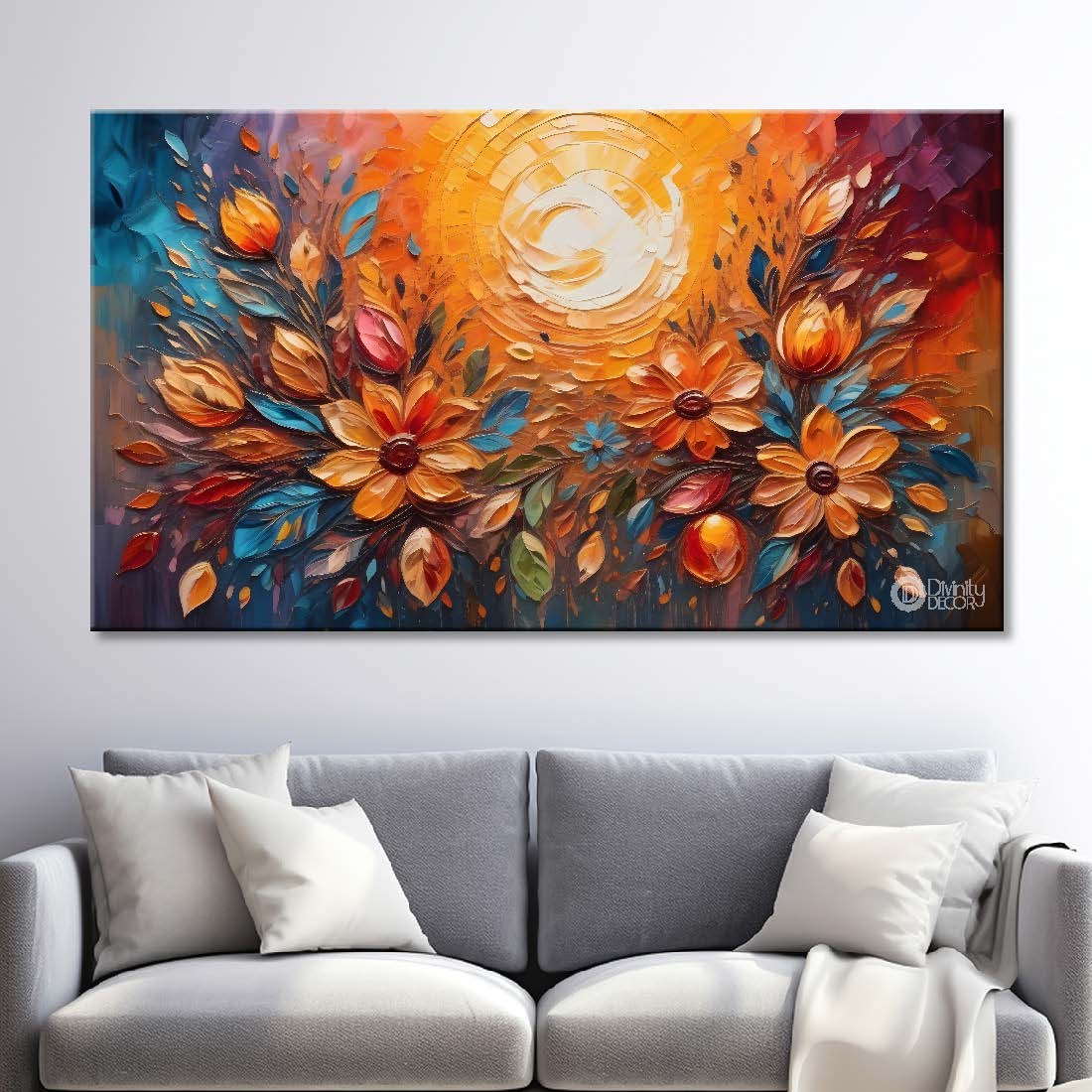 Colorful flowers with sunrise textured painting- Design - Flower-49
