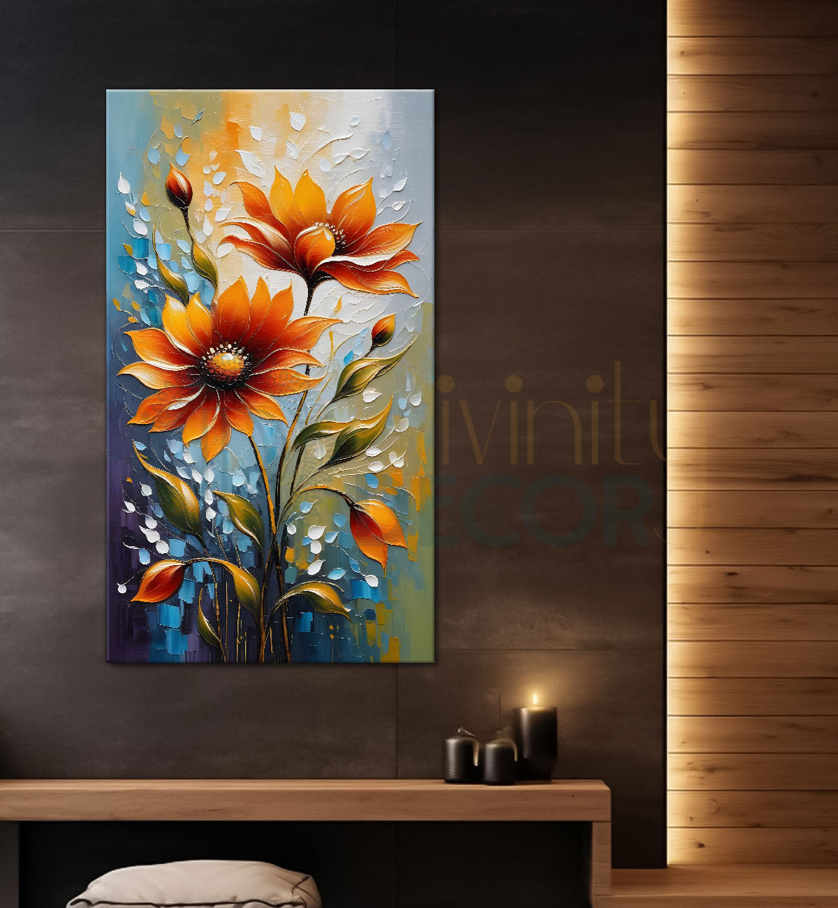 Orange flowers in blue textured background painting - Flower-V-49
